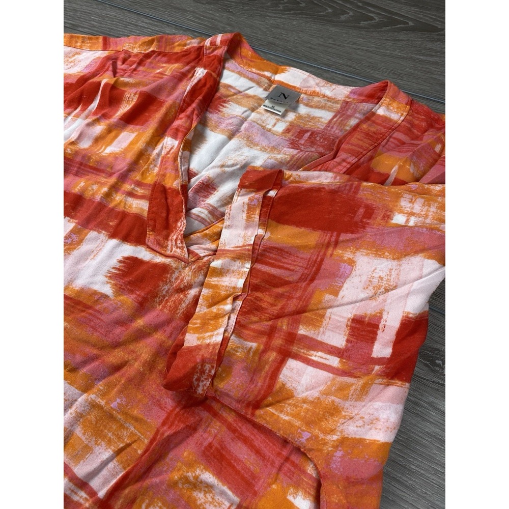 Natori Womens Tunic Top Abstract Print Rayon V-Neck Orange Pink XL